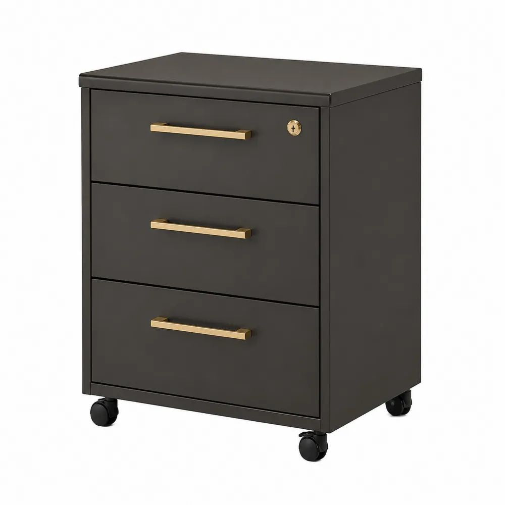 Rollcontainer 45 x 50 x 60 cm Schwarz/Gold mit 3 Schubladen, Schloss und Rollen