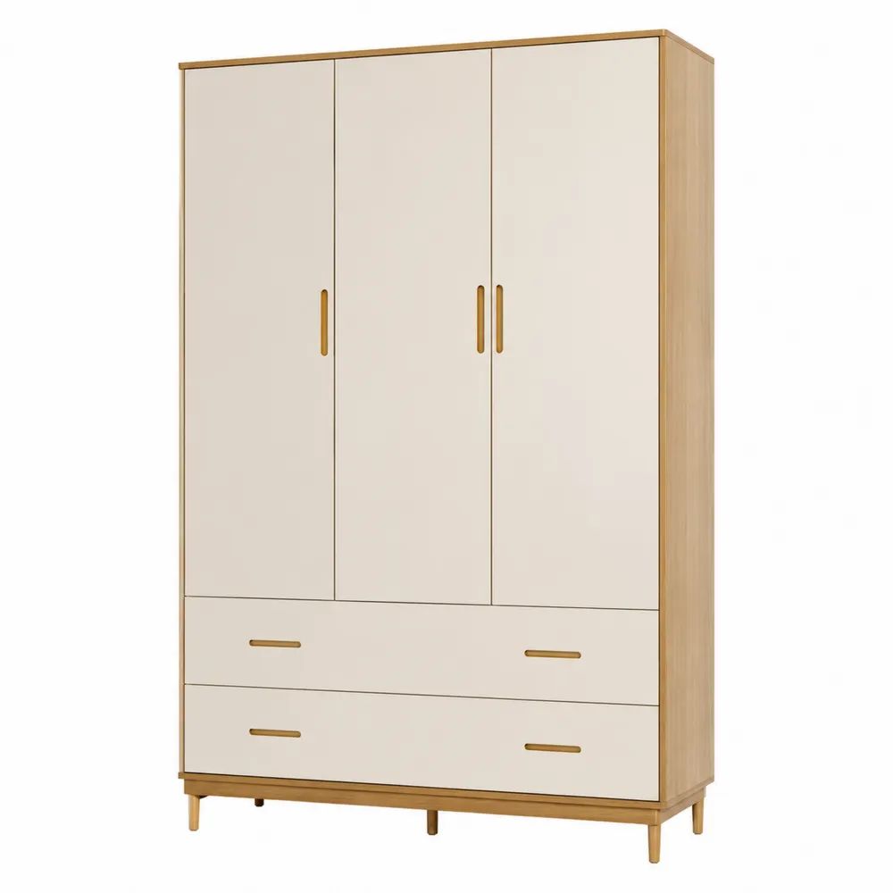 Kleiderschrank 150x55x200 cm Beige Drehtürenschrank mit 3 Türen 2 Schubladen und Holzoptik