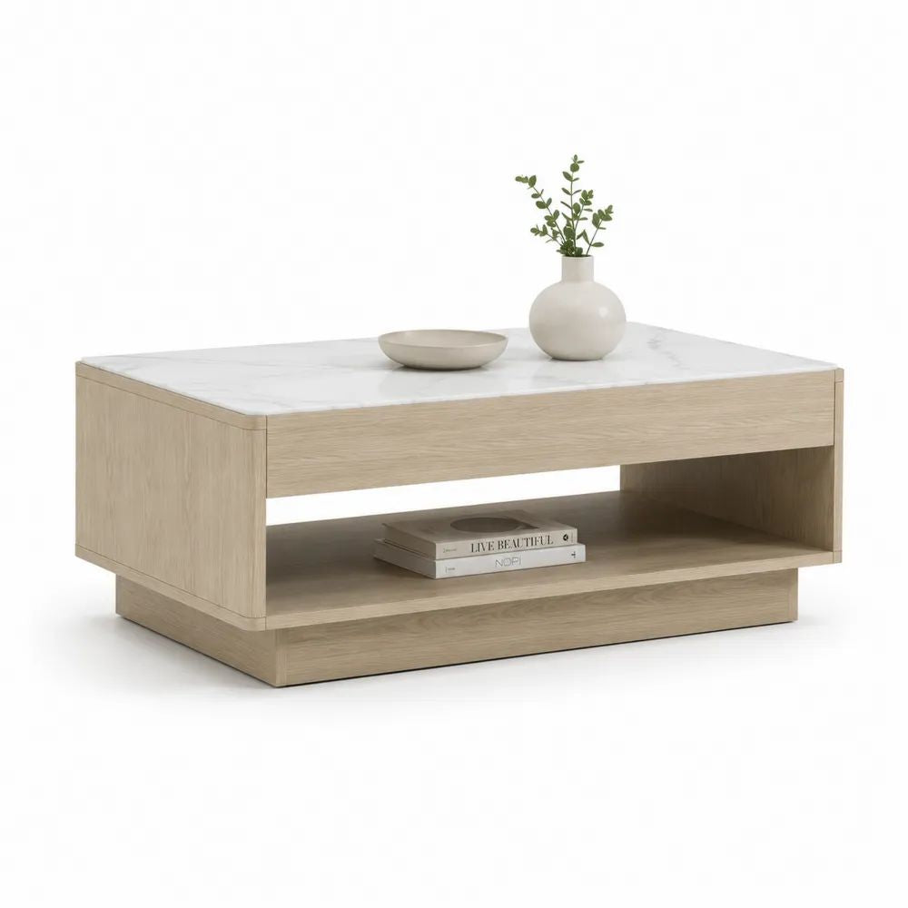 Couchtisch 120 x 60 x 40 cm mit Ablagefach Eichefarben/Weiß und Marmoroptik Tischplatte