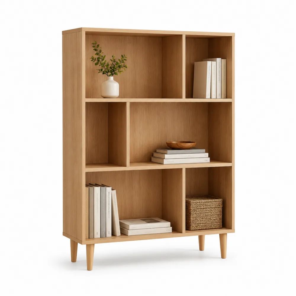 Bücherregal 90 x 35 x 150 cm Eichefarben mit 8 offenen Ablagefächern und Holzfüßen