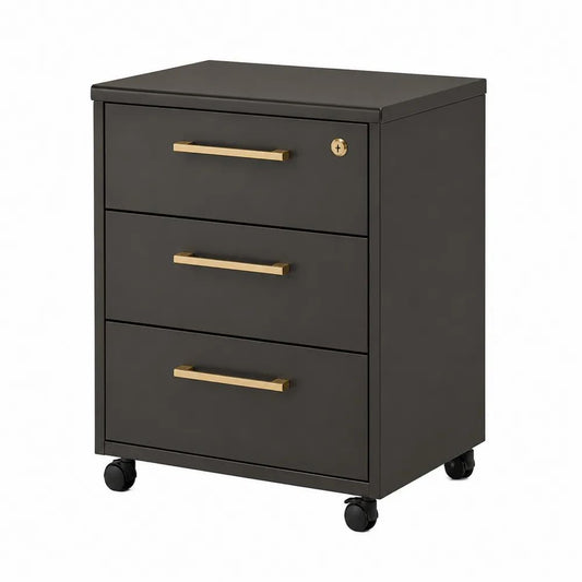 Rollcontainer 45 x 50 x 60 cm Schwarz/Gold mit 3 Schubladen, Schloss und Rollen