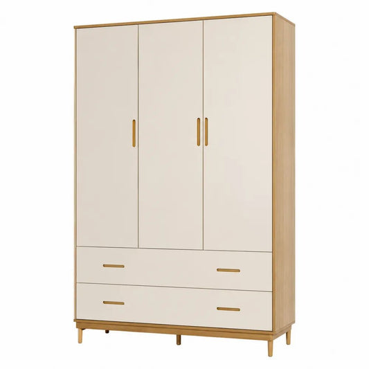 Kleiderschrank 150x55x200 cm Beige Drehtürenschrank mit 3 Türen 2 Schubladen und Holzoptik