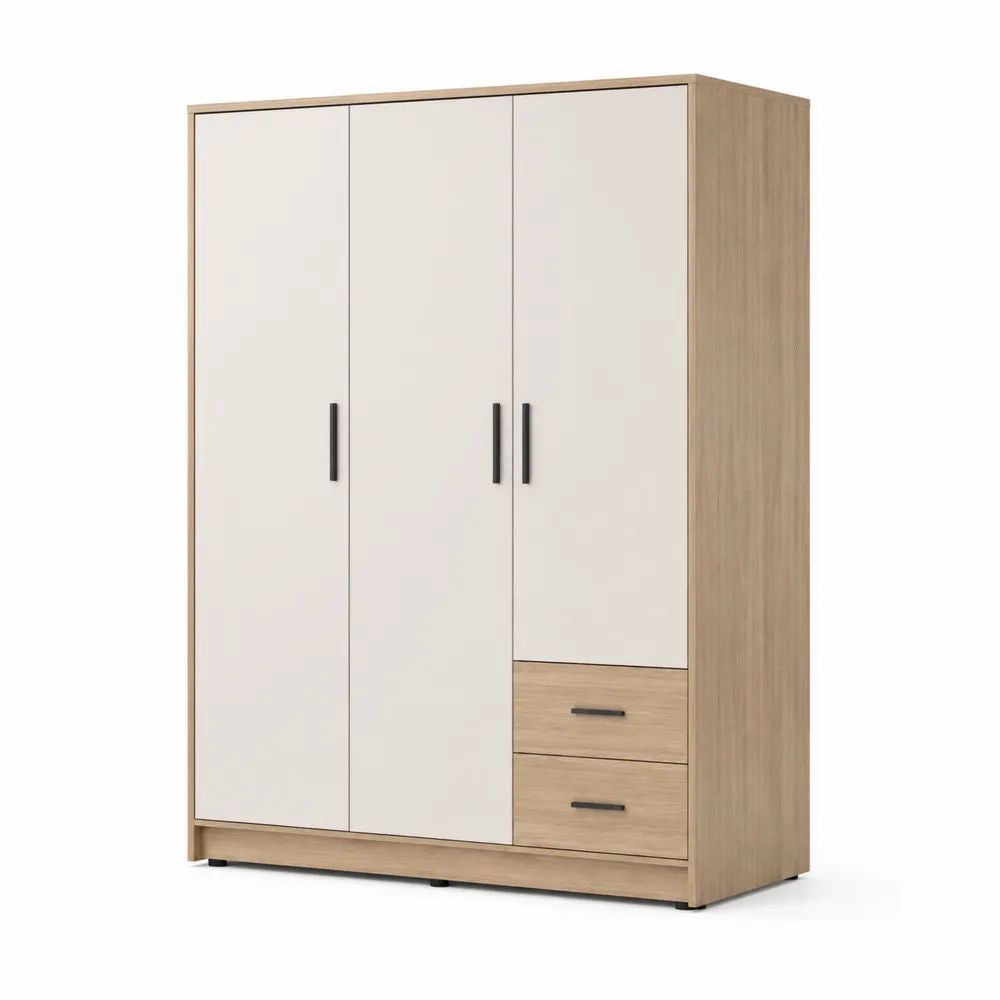 Kleiderschrank 150x55x190 cm Weiß/Eiche mit 3 Türen und 2 Schubladen