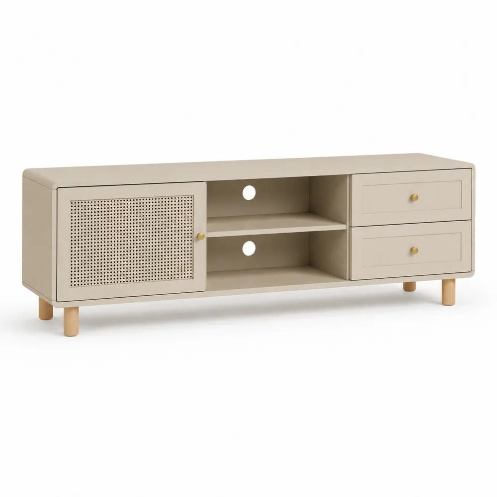 TV Lowboard 180 x 40 x 50 cm Beige MDF mit Rattanoptik-Tür, Schubladen und offenen Fächern