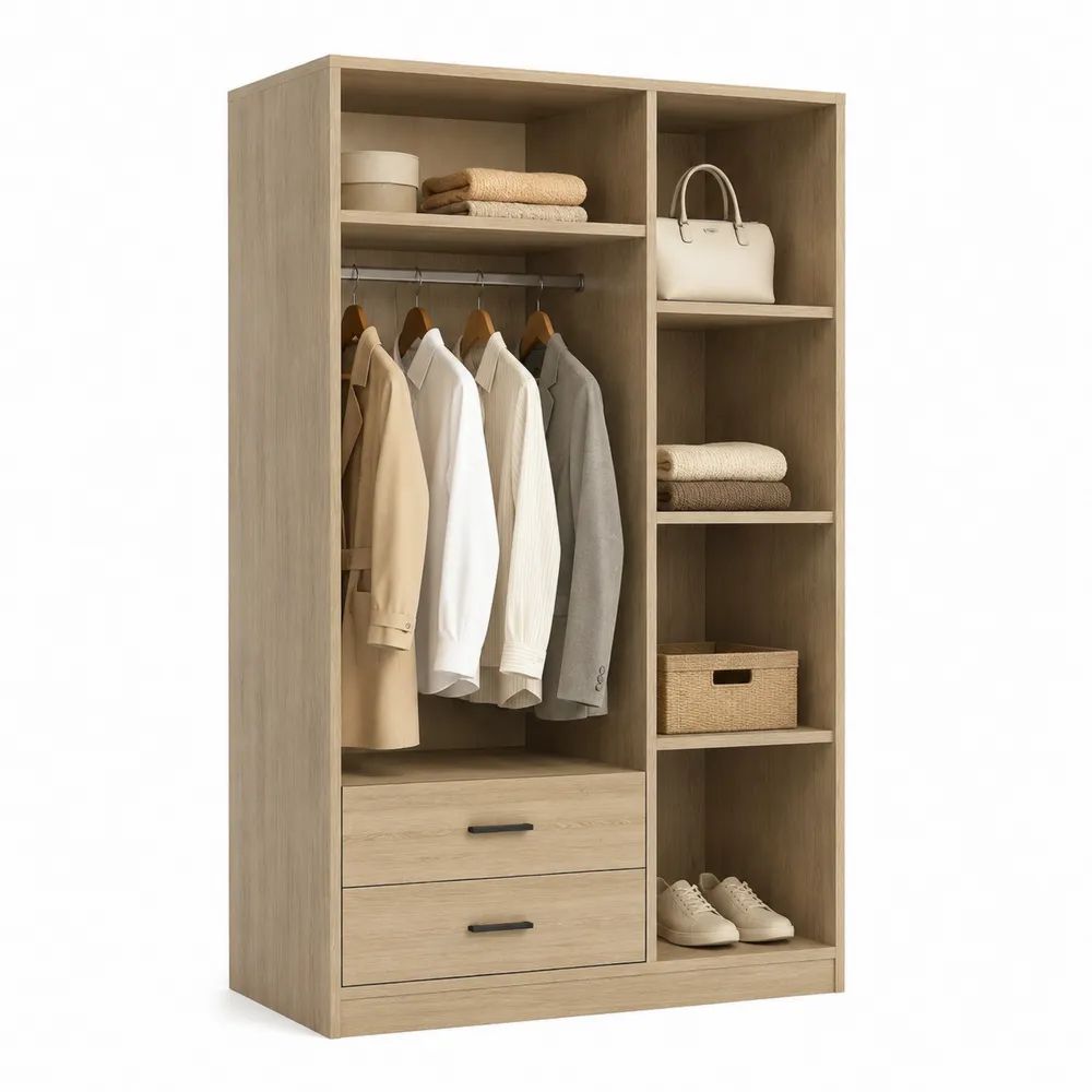 Kleiderschrank 150x200x50 cm Beige mit Kleiderstange, 2 Schubladen und Regalfächern