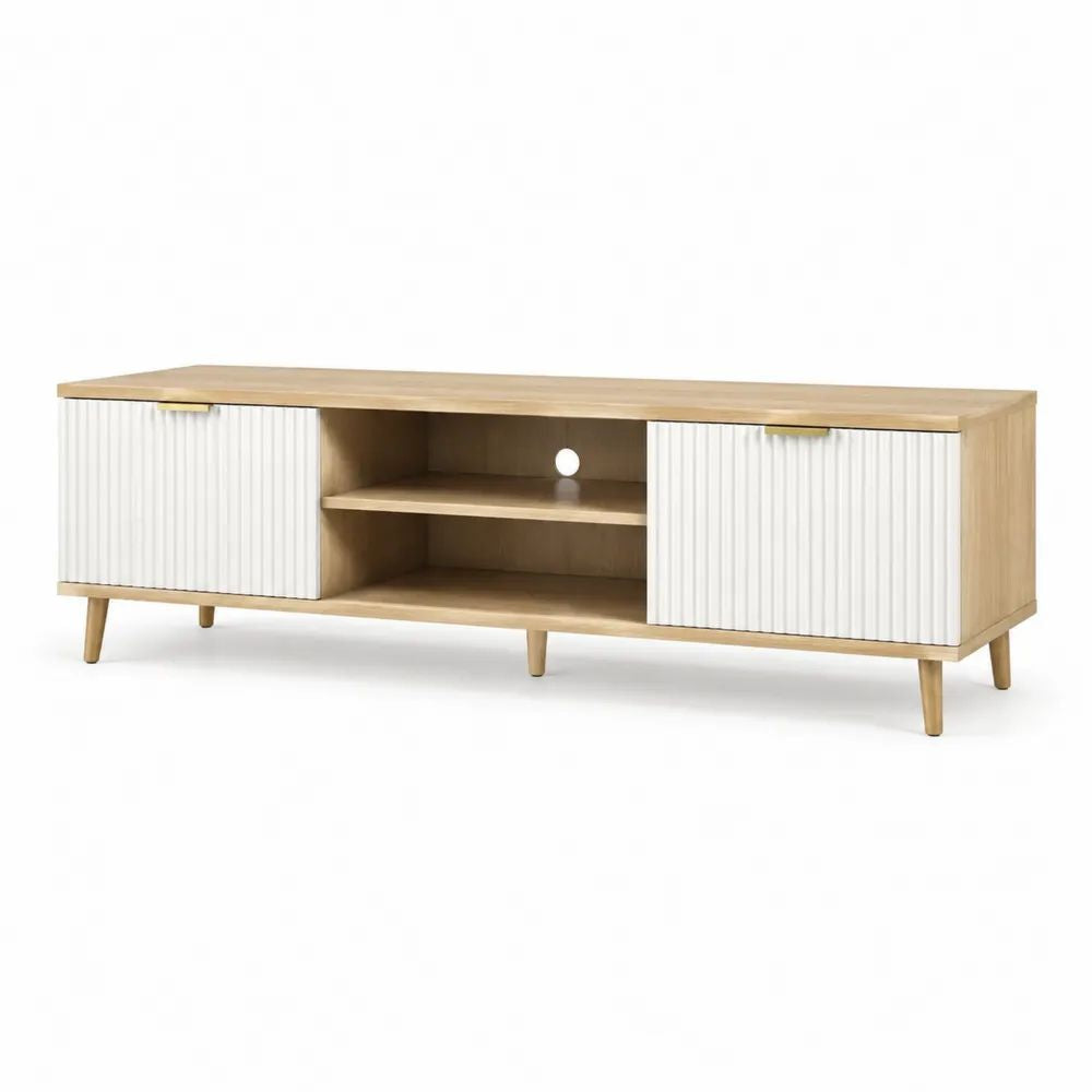 TV Lowboard 180 x 40 x 45 cm Eichefarben/Weiß mit geriffelten Türen und Stauraum