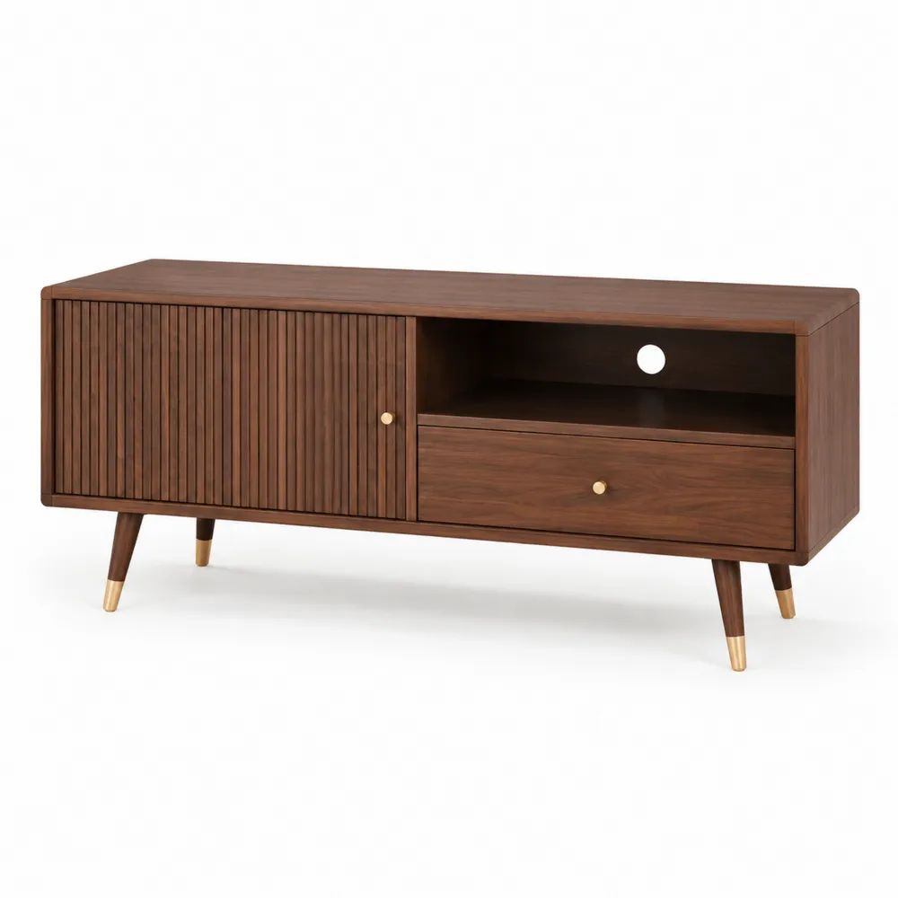 TV Lowboard 180 x 40 x 55 cm Dunkelbraun mit Stauraum Rillenfront und Holzfüßen