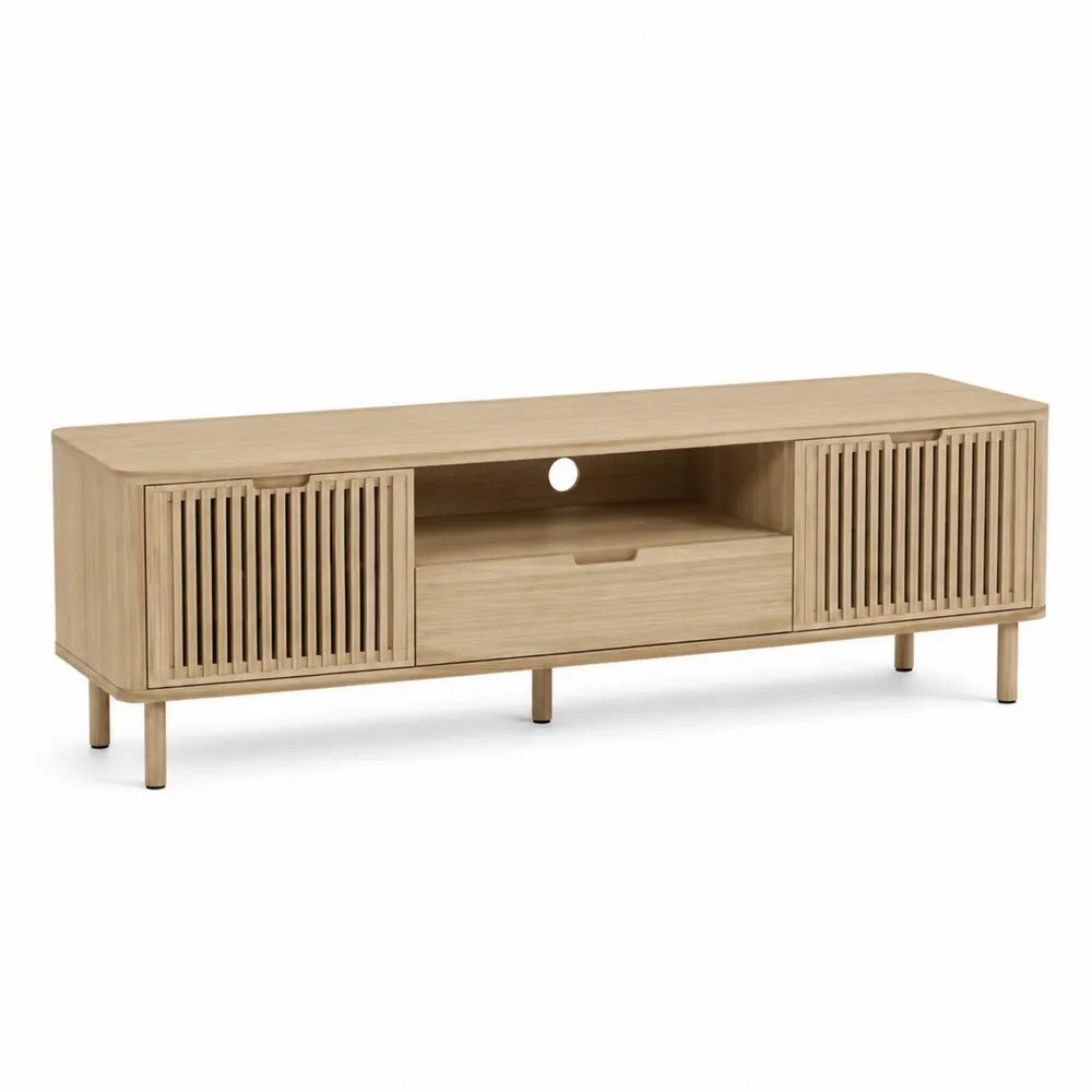 TV-Lowboard 180 x 40 x 45 cm Eichefarben mit geriffelten Türen und offenen Ablagefächern
