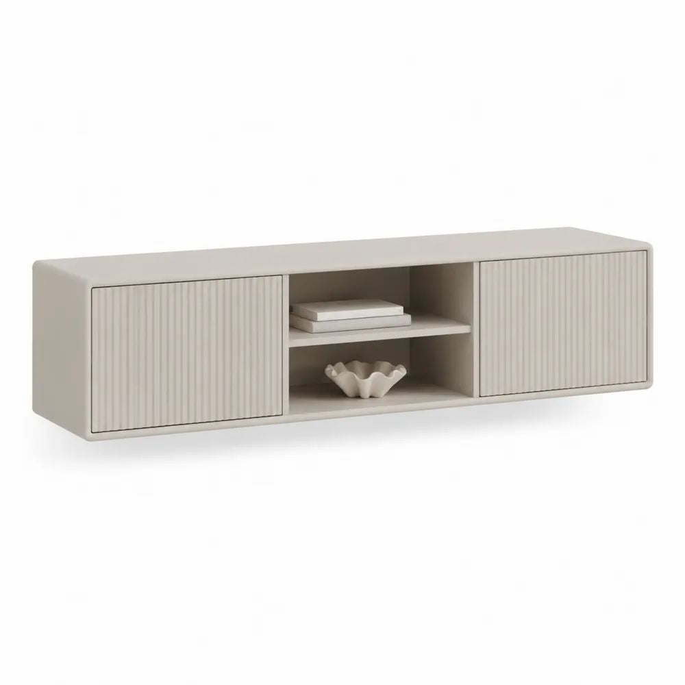 TV Lowboard 180 x 40 x 45 cm Beige mit Stauraum und geriffelten Fronten aus Holzwerkstoff