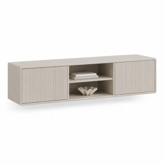 TV Lowboard 180 x 40 x 45 cm Beige mit Stauraum und geriffelten Fronten aus Holzwerkstoff