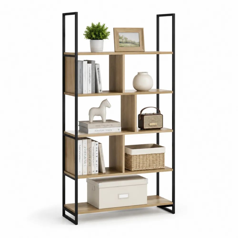 Bücherregal 80 x 35 x 180 cm Naturfarben mit Metallrahmen und offenen Fächern