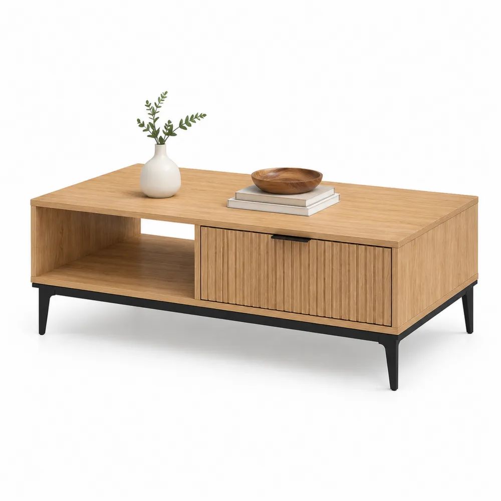 Couchtisch 120 x 60 x 40 cm Eiche Optik Holzwerkstoff mit Schublade und schwarzem Stahlgestell