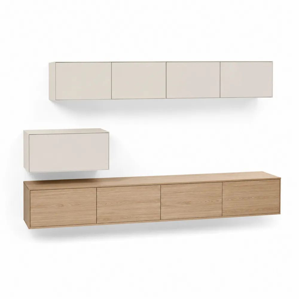 TV Lowboard Set Eiche Optik/Beige 240 x 40 x 35 cm mit Wandboards und Stauraum
