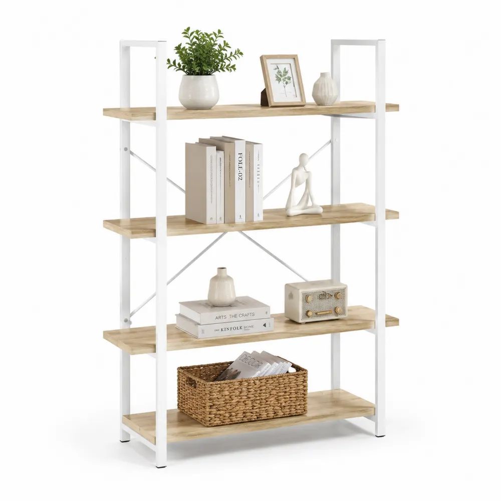 Bücherregal MDF 90 x 35 x 180 cm Weiß/Eiche mit 5 Ebenen und Metallrahmen