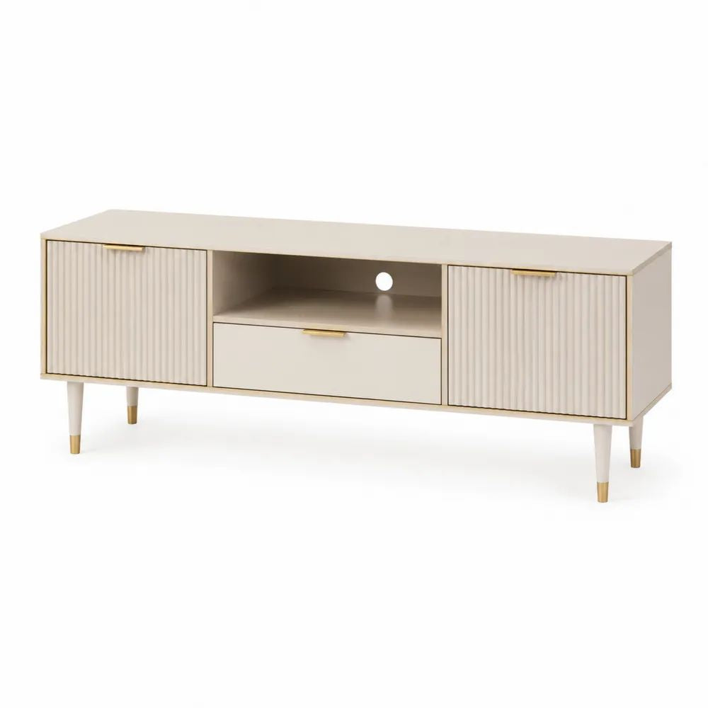 TV-Lowboard 180 x 40 x 45 cm Beige MDF-TV-Schrank mit geriffelten Türen, Schublade und offenem Fach