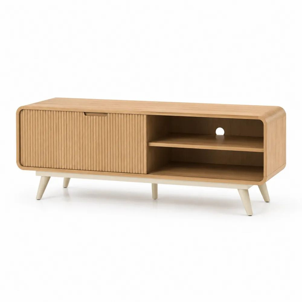 TV Lowboard 180 x 40 x 55 cm Eiche Hell/Beige mit Rillenfront und offenem Ablagefach