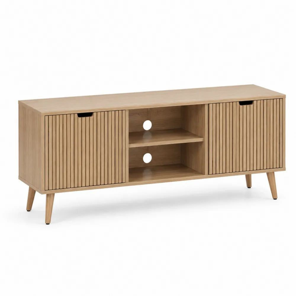 TV-Lowboard 180 x 40 x 55 cm Eiche hell/Beige mit Rillenfront, offenen Ablagefächern und Stauraum