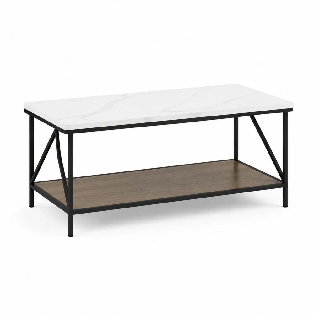 Couchtisch 120 x 60 x 45 cm Weiß Marmoroptik Holzwerkstoff mit schwarzem Stahlgestell und Ablagefach