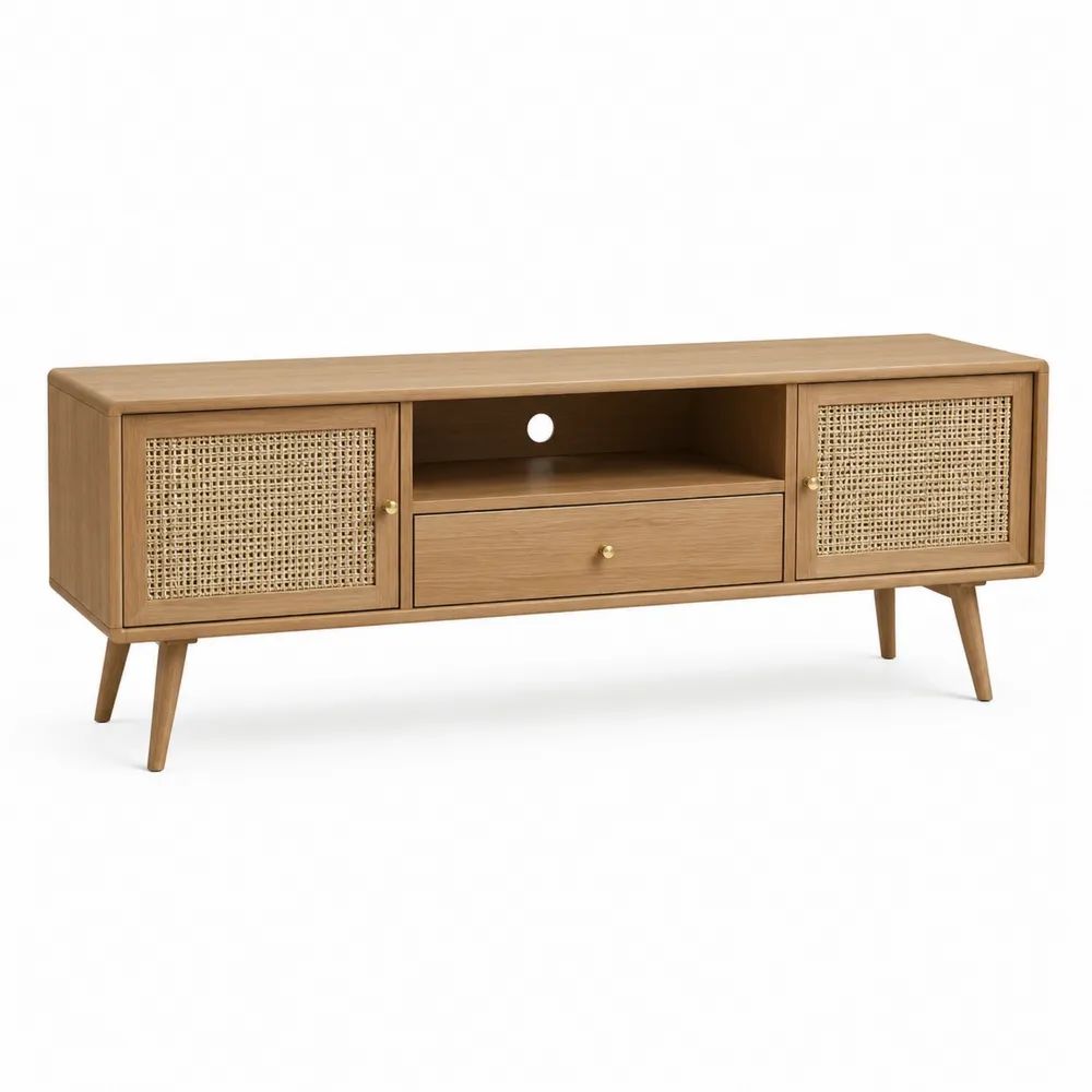 TV Lowboard MDF 180 x 40 x 50 cm Eichefarben mit Rattan Fronten und Schublade