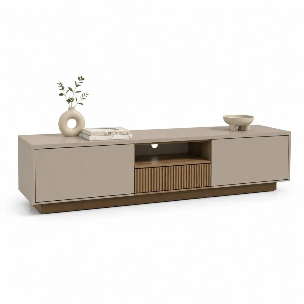 TV Lowboard 200 x 40 x 45 cm Beige mit Stauraum Türen und offenem Fach