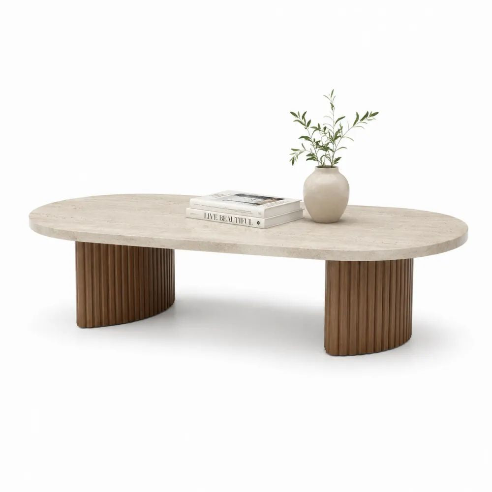 Couchtisch 120 x 60 x 35 cm Oval Beige mit Travertinoptik Tischplatte aus Holzwerkstoff